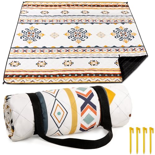 HAUSPROFI Picknickdecke Boho, Wasserdicht Waschbar XXL Stranddecke, Strandmatte, Picnic Blanket, Campingdecke mit Erdnägel und Schultergurt für Outdoor, Picknick, Garten, Strand, Camping-200x200cm