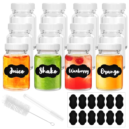 12 Stück Shot Flaschen zum Befüllen, 60ml Kleine Glasflaschen zum Befüllen, Shotgläser mit Deckel, Kleine Flaschen zum Befüllen mit Etiketten und Stift, Ideal für Ingwer, schnaps und andere drinks