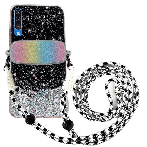 Tivenfezk Nadoli für Samsung Galaxy A50/A30S Glitzer Handykette Hülle,Silikon Bling Durchsichtig Crossbody Tasche zum Umhängen Schutzhülle mit Telefon Clip Halter Band