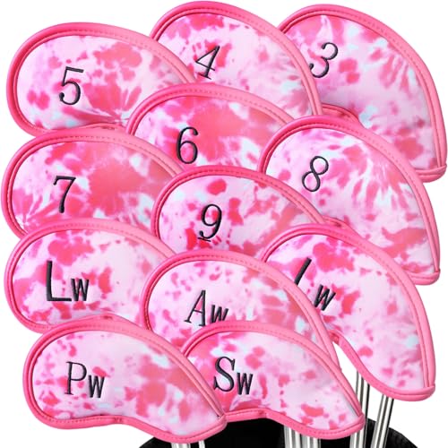 Golf Schlägerhauben Eisen Golfschläger Schlägerkopfhüllen Wert 12 Stück Set, Iron Club Head Covers Schwarz Blau Rot mit Gedruckter Nummer, Kunstleder Golfschlägerhaube Headcover (Rosa)