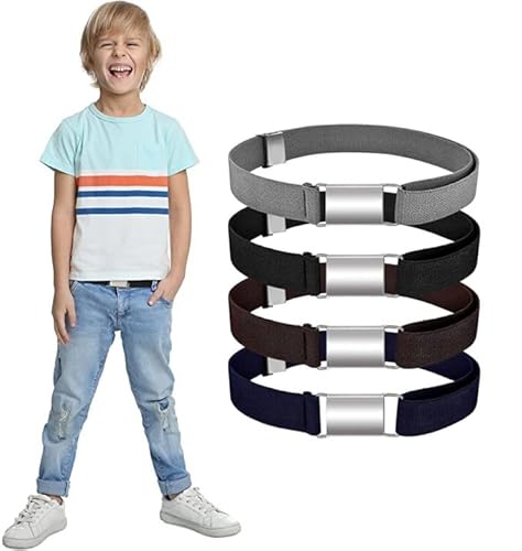 LYTIVAGEN 4 Stück Kinder Magnetische Gürtel Einstellbarer Stretchgürtel Elastischer Gürtel mit Magnetschnalle für Jungen Mädchen, Grau, Braun, Marine, Schwarz