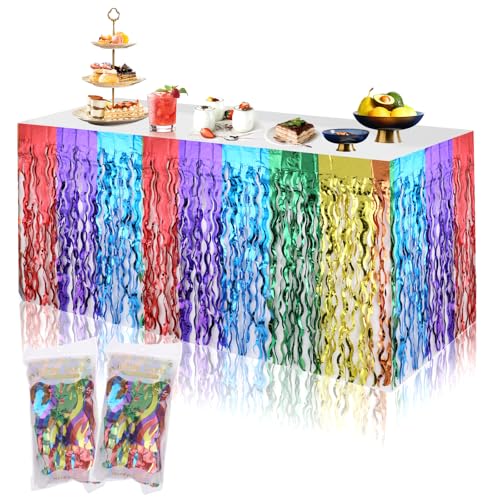 2 Pack gewellte Lamettafolien Fransen Tischröcke Regenbogen Partydekorationen Fiesta-Party-Dekorationen Regenbogen Tischdecke Regenbogen-Dekorationen Regenbogen-Metallfolie, Lametta-Tischröcke