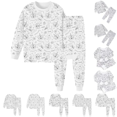 Generisch Kinder Pyjama-Sets zum Ausmalen,DIY Handbemaltes Schlafanzug Hauskleidung-Sets für Jungen & Mädchen,Bequeme Cartoon Druck Langarm Top + Hose Loungewear-Sets