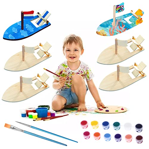 jiuzcare Holzboot Spielzeug 6 Stück DIY Holz Segelboot Kinder DIY Handgemachten Material Paddelboot Gummiband Set Kinderspielzeug Bemalen und Dekorieren mit 12 Farbpigment + 2 Stifte, 6PCS