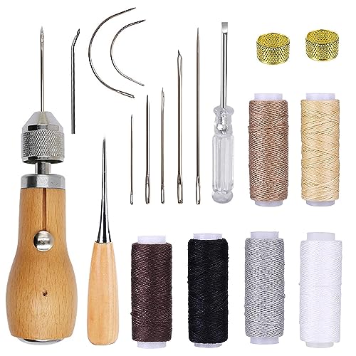 NICAVKIT Leder Nähset, Lederhandwerk Ledernähset Enthalten Leder Nähahle,Hand Ledernadeln,6 Rollen Leder Wachsfaden,Mit 7Pcs Nadel, Messingring,Spule,Greifer,Leder Werkzeuge Set für DIY Handwerk