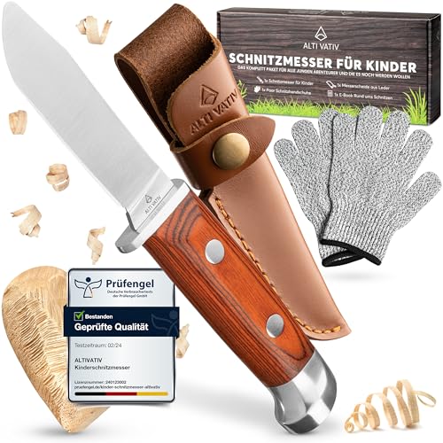 ALTIVATIV - Schnitzmesser Kinder ab 6 Jahren [Tolles Geschenk] Schnittfeste Schnitzhandschuhe für jedes Alter - Extra E-Book Anleitung - Taschenmesser Set mit Messerscheide - Kindermesser ab 6 Jahren