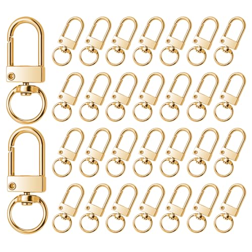 JJUNW 30 Stück Schlüsselanhänger Karabiner, Karabinerhaken mit Drehgelenk, Karabinerverschlüsse mit D-Ring 360° drehbarem Schlüsselringe Edelstahl für DIY Keychain Schlüsselring Stecker (Gold)