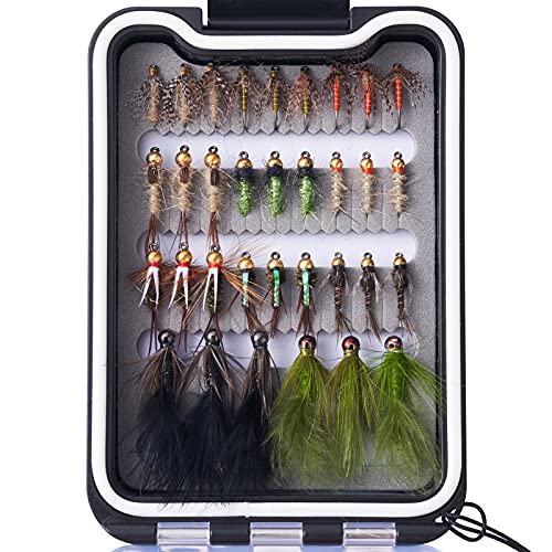 Bassdash Fliegenfischen Fliegen Set Forellenbarschangeln mit Fliegenbox, 36/64/72/76/80 / 96Stk. Mit Trockenfliegen/Nassfliegen, Nymphen, Streamers, Popper