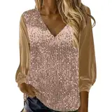 Glitzer Oberteil Damen V-Ausschnitt - Bluse Festlich Elegant Glitzerndes Bluse Festliches Oberteil Eleganter Glitzerbluse Modische Tops Longsleeve Vintage Langarmshirt Neujahrsgeschenke Klein