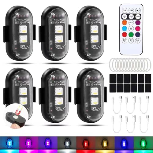 6 Stück Kabellose LED Lichter Auto, Magnet Antikollisionslichter mit Fernbedienung, USB Aufladung Blitzleuchte, 8 Farben Wasserdicht Strobe Light Auto, Fly Lights, für Drohne, LKW, Motorrad, Fahrrad