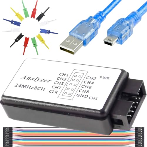 DAOKAI USB-Logikanalysator-Geräteset, USB-Kabel, 24 MHz, 8 Kanäle, 24 MHz, 8 Kanäle, UART IIC, SPI-Debug mit 6 Farben, Testhaken-Clip-Set, Mini-zu-USB-Kabel, Dupont-Kabel für Arduino, FPGA, M100, SCM