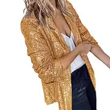 Ydsxlp Glitzer Blazer Damen Mode Glitzer Einfarbig Kurz Blazer Glitzer Pailletten Langarm Cardigan Jacke Bomberjacke Party Club Jacke Pailletten-Blazer Oberteile Outfits Clubwear(A Gold,L)