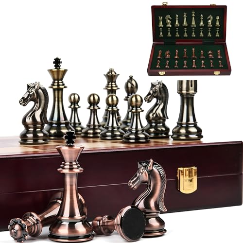 MZSX Schachspiel Schach Reines Metallschmieden, Chess Board Set klappbar mit Schachfiguren groß, Schach Pädagogische, Kinder und Erwachsene, Weihnachts, NeujahrsReisen