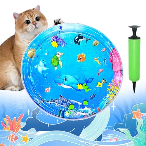 Pet Water Bed for Dogs, Cooling Mat for Dogs/Cat, Water Sensory Playmat with Fish for pet Play, Thickened Inflatable Pet Cat WaterBed Cushion with Inflatable Tube (H, Round)