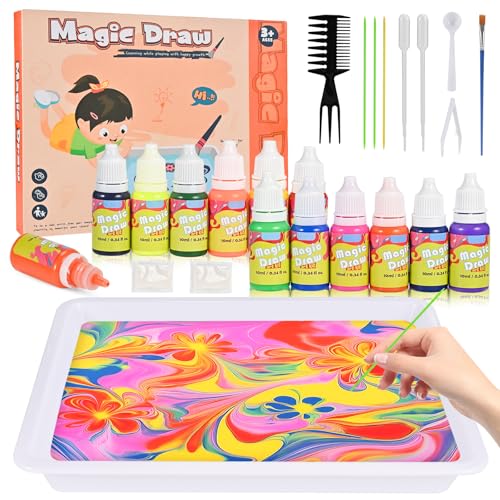 Tigvio Wasser Marmorierfarbe 12 Farben Bastelset Kinder Ab 6 Jahre, Wassermarmorierfarbe Kreativ Set für Kinder mit Basteln Paint Kit, Bastelset Geschenke für Mädchen und Jungen 6 7 8 9 10 Jahre