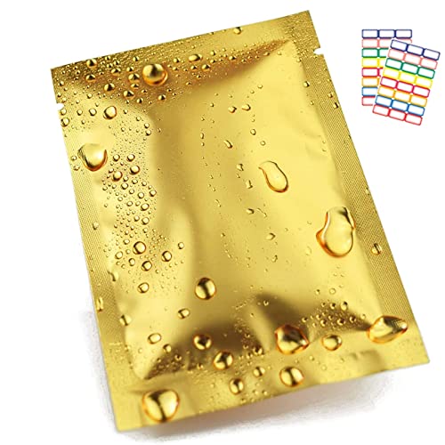 100 x Mylar-Beutel Silber oben offen Mylar-Aluminiumfolie Tasche Food Storage Verpackung Aluminium-Vakuum Pouch Flacher Retail Paket Taschen for Candy Kaffee Tee Snack Gewürze Samen, Gold(10x15cm)