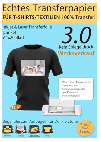 TransOurDream A4X20 Blatt+2 Silikonpapier, Echte Inkjet/Laser Transferfolie,Bügelfolie für Dunkle Textilien,T-Shirt Papier für dunkle T-Shirts, Textilienfolien,Transferpapier,T Shirt Folie