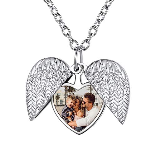 Custom4U Personalisierte Herz Medaillon zum Öffnen für Bilder Kupfer Engelsflügel Medaillon Halskette Memorial Schutzengel Flügel Foto Kette mit Gravur Damen Frauen Locket Amulett