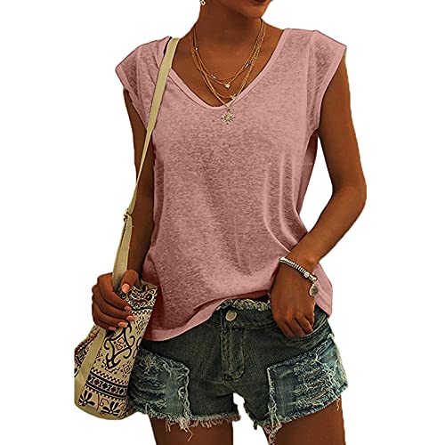 KOG Bluse Damen Elegant Ärmellose T-shirt Shirt Casual Weiß Oberteile mit Flügelärmeln Frauen Schwarz Kleidung Frau Grau Sommer Shirts Top Damen V-Ausschnitte Tshirt Klamotten Rosa L