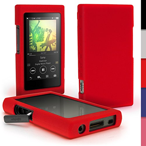 igadgitz U6413 Rot Silikon Tasche Hülle Case Cover Kompatibel mit Sony Walkman NW-A35 NW-A40 NW-A45 MP3-Player + Schutzfolie