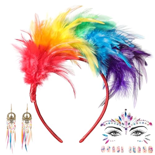 Regenbogen Haarreif, Bunte Feder Haarschmuck Haarbänder, Regenbogen Kostüm Damen, Karneval Party Kopfschmuck Haarband Hochzeit Kopfbedeckung, Papagei Kostüm Haarband Kopfschmuck Fascinator Stirnbänder