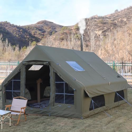 Sport Tent Aufblasbares Zelt Wasserdicht Hauszelt Stehhöhe Haus Luxus Wohnzelt Campingzelt mit Pumpe Ofenloch Luftzelt 4-6 Personen Familienzelt Baumwoll-Leinwand Grün L:400 x 300 x 210cm