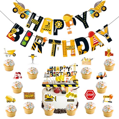 Geburtstagsdekorations-Partyzubehör mit Cartoon-Baufahrzeug-Thema, Happy Birthday-Banner, Kuchenaufsatz, Cupcake-Aufsätze, Bagger-Partydekor für Fans und Kinder