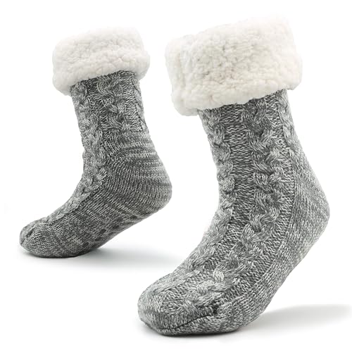 CityComfort Haussocken Herren, Kuschelsocken Herren mit Fleece Futter und ABS Anti Rutsch Noppen (Hellgrauer Zopfstrick)
