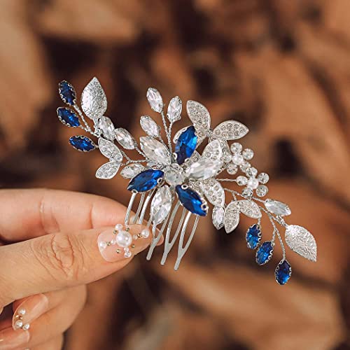 IYOU Brautschmuck Hochzeit Haarkamm Blaue Strass Braut Haarschmuck Blume Braut Braut Brautjungfern Kopfschmuck für Frauen