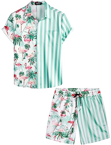 VATPAVE Herren Flamingo Hawaii 2 Teiliges Sets Kurzarm Freizeithemden Strand Outfits Mittel Kokosnuss Flamingo