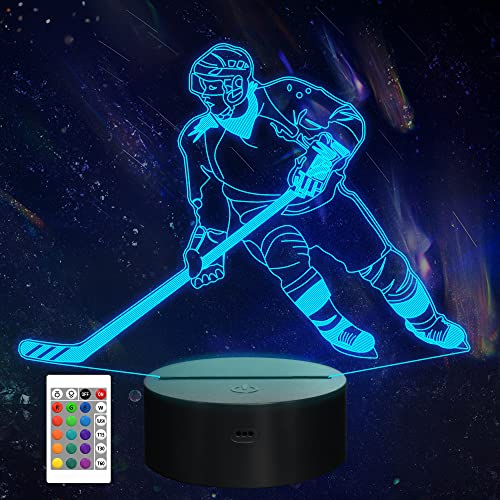 CooPark Eishockey Geschenk, 3d Eishockey Nachtlicht für Kinder mit Fernbedienung 16 Farben ändern dimmbare Funktion, Sport Thema Schlafzimmer Dekor Cooles Lampe für Kinder