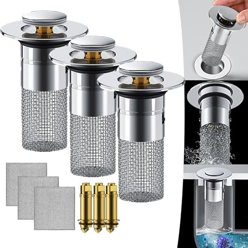 Isolate Odor and Prevent Cockroaches-Stainless Steel Floor Drain Filter, Pop Up Bathroom Sink Stopper Hair Catcher (3pcs)