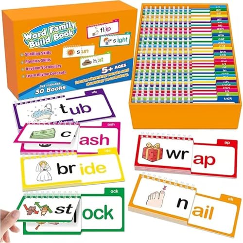 30 Read and Rhyme Flip Books zum Lernen von Vokabeln- ABC Vocabulary Flash Cards, Word Families Letter Sounds Flash Cards Educational Reading Games für Vor-Kindergarten, 1., 2., 3. Klasse (1)