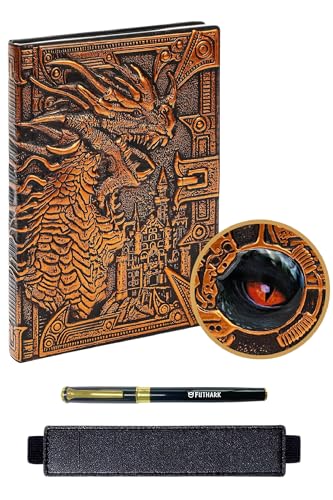 Futhark DND Notebook/Journal - 200 Pages with 3D Bronze Dragon Embossed Faux Leather Cover with Pen and Pen Holder - Ideal for Dungeons & Dragons/D&D. Great RPG Accessories Gift for DM & Players