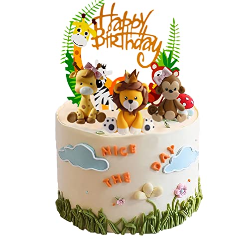 Neodtx Tortendeko 1. Geburtstag für Baby Kinder Mädchen,Happy Birthday Kuchendeko Tiere,Giraffe Löwen Affe Figuren Geburtstag Torten Deko Waldtiere Tortenfigur