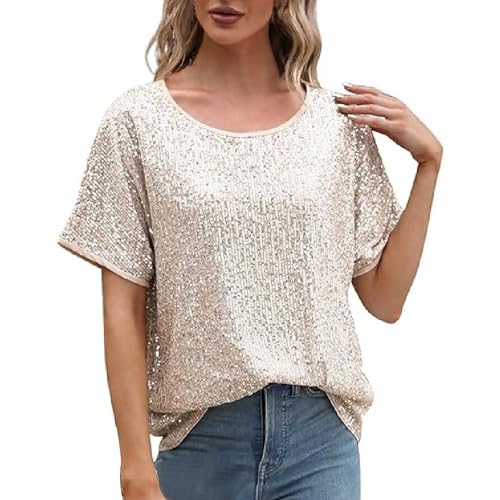 2025 Pailletten-Tops für Damen, glitzernde Glitzer-Blusen, kurzärmelige Pailletten-Shirts für den Urlaub, Clubabend Satin Hose Damen (Gold, XL)
