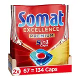 Somat Excellence Premium 5in1 Caps (134 Caps), schnellauflösende Spülmaschinentabs mit Extra Boost, Somat Caps entfernen selbst 72 h eingetrocknete, hartnäckige Essensreste