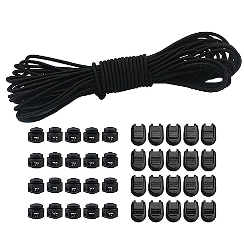 10m Elastische Gummischnur 3mm Elastische Runde Schnur Elastische Dehnbare Schnur Mit 20Pcs Reißverschluss Pull Cord Lock Cord, 20PCS Doppel-Loch Frühling für Rucksack, Schnürsenkel(Schwarz, 3mm*10m)