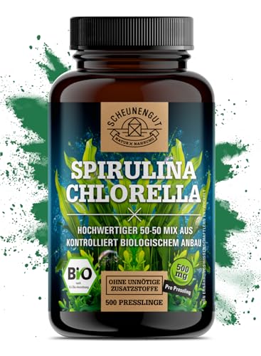 Spirulina Chlorella Tabletten -BIO- 6000mg je Tagesdosis I WICHTIG: 100% zertifzierte Bio-Ware I 500 Chlorella Spirulina Presslinge aus kontrolliert biologischem Anbau I Vegan - DE - Scheunengut®