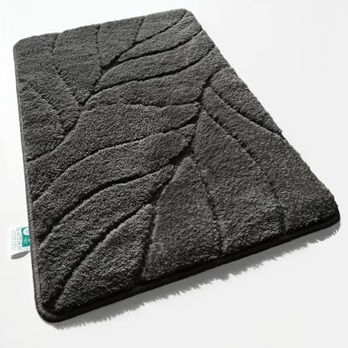 Floordirekt Badteppich - extra flauschig & schnelltrocknend - Badezimmerteppich mit rutschhemmender Rückseite - Badematte Duschvorleger (Maris) (Dunkelgrau, 60 x 120 cm)