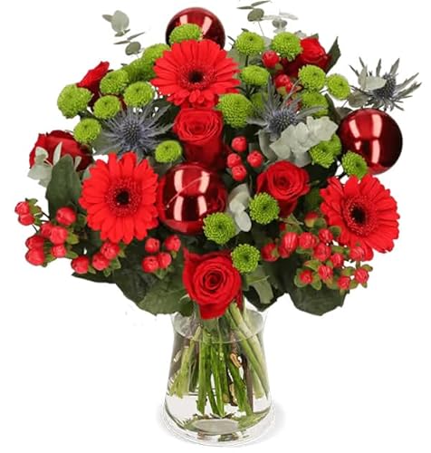 Blumenstrauß “Weihnachtsmärchen”, Weihnachtsstrauß in Rot, Mit Rosen, Gerbera, Johanniskraut, Santini, Disteln & Adventsdeko, 7-Tage-Frischegarantie, Top Qualität, Schneller Blumenversand