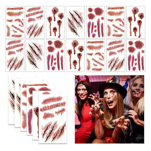 20 Blätt Halloween Tattoo Narben, Halloween Gesicht Schminke Realistisch Wirkende Narben Wunden Tattoo, Vampir Zombie Blut Tattoo für Cosplay Party Deko Zubehör Kinder Erwachsener Make-up Requisiten