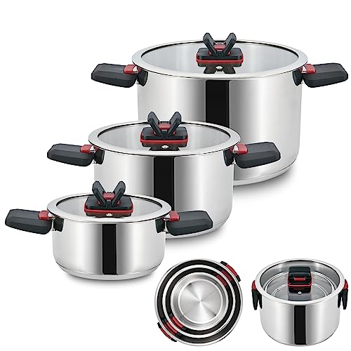 Linnuo Sma-Line 3tlg Topfset Induktion Kochtopf Set Edelstahl Töpfe mit Glasdeckel mit klappbaren Kunststoff-Griffe, Kochgeschirr Induktion, stabiler Boden für alle Herde induktionsgeeignet
