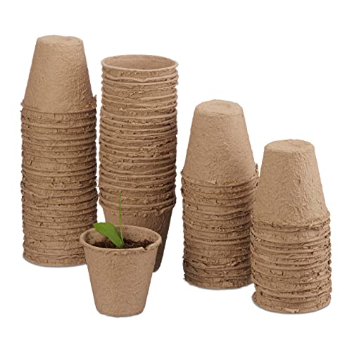 Relaxdays Anzuchttöpfe im Set, biologisch abbaubar, für Pflanzen, rund, 80 Stück, Pflanztöpfe, Zellulose, D: 6 cm, beige, H x D: ca. 5,5 x 6 cm