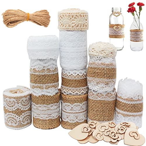 8 M Juteband mit Spitze, 13 M Spitzenband Weiß Vintage, 10M JuteSchnur, 30 Stück Holzscheiben Deko zum Basteln Holzherz Dekoration für Hochzeit Weihnachten Basteln Geschenke Deko