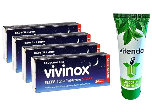 VIVINOX Sleep Schlaftabletten stark 4x20 Tabletten inclusive einer Handcreme von vitenda - Bei Ein- und Durchschlafstörungen