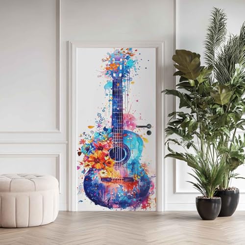 Türfolie Selbstklebend Gitarre, Türtapete Selbstklebend Bunt Blume Musikinstrumente Aquarell, Türaufkleber PVC Abnehmbare Türposter für Tür Schlafzimmer Wohnzimmer Deko 95 x 215cm