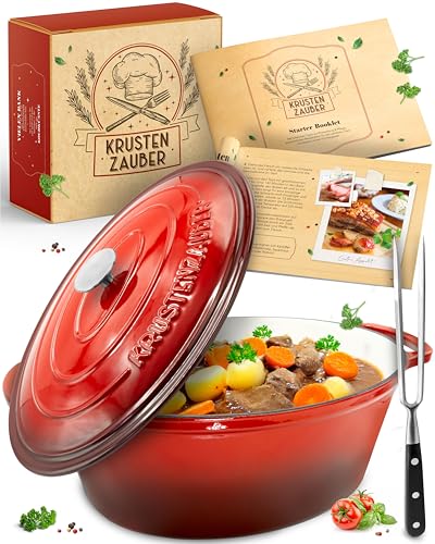 KRUSTENZAUBER 33cm Gusseisen Bräter mit Deckel backofengeeignet inkl. Fleischgabel - 6l Emaille Topf XL - Idealer Schmortopf Kazan, Induktion Oval, Geschenk Weihnachten