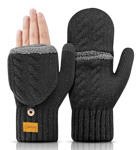 CAOZITOU Handschuhe Herren Damen, Winterhandschuhe Thermo Fingerlos, Winter Warme Touchscreen Strickhandschuhe Outdoor Fingerhandschuhe Weiche (Schwarz)