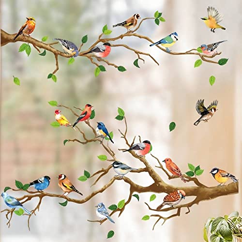 WandSticker4U®- XXL Fensterbilder Frühling VOGEL-TREFFEN I Fenster Aufkleber Fenstersticker selbstklebend Baum-Ast Zweige Pflanzen Blätter Wohn- & Schlafzimmer wiederverwendbar GROß